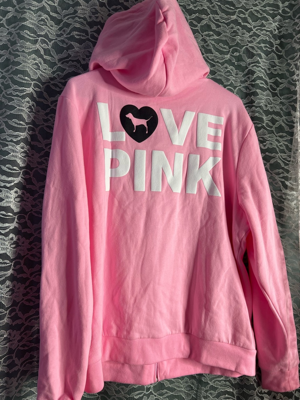 Victoria's Secret PINK Light Pink 'LOVE PINK' Hoodie with Black Heart Logo XXL